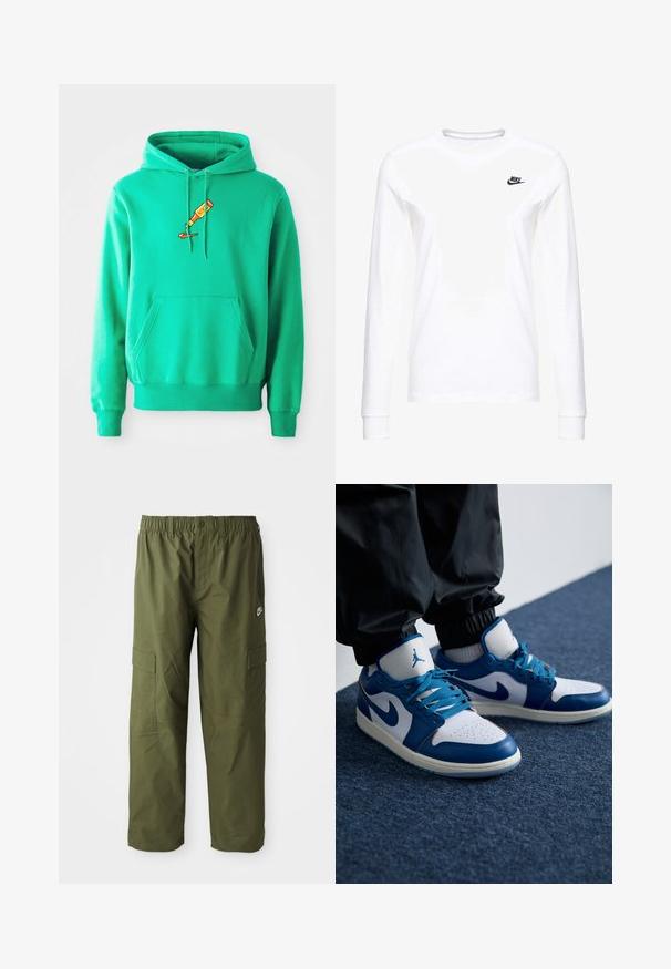 Grüne Kapuzenjacke aus weichem Stoff, mit einer Kängurutasche vorne und einem Logo einer FarbTube, die auf der Brust tropft.; Weißes Langarm-T-Shirt aus Baumwolle mit kleinem schwarzem Nike-Logo auf der linken Brust und rundem Halsausschnitt. Glatte Textur.; Nike Cargo-Hosen in dunkelolivgrün, ausgestattet mit einem elastischen Bündchen, zwei Seitentaschen und einem glatten, leichten Stoff.; Die Nike Air Jordan Sneakers verfügen über eine weiße Lederbasis mit blauen synthetischen Akzenten, einer perforierten Zehenbox und blauen Schnürsenkeln.