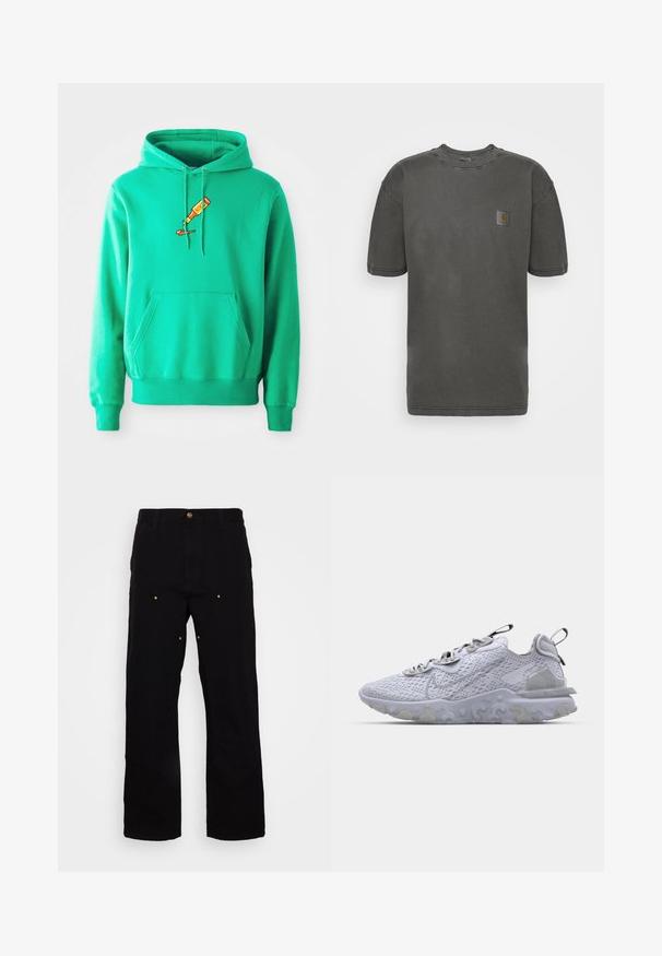 Grüne Kapuzenjacke aus weichem Stoff, mit einer Kängurutasche vorne und einem Logo einer FarbTube, die auf der Brust tropft.; Carhartt WIP NELSON - T-Shirt basic - black garment dyed; Schwarze Denim-Hosen mit geradem Bein, ausgestattet mit goldenen Hardware-Akzenten und sichtbaren Nähten an den Vorder- und Gesäßtaschen.; Hellgrauer Turnschuh mit einem atmungsaktiven Mesh-Obermaterial, strukturiertem Gummisohle und reflektierenden Akzenten. Verfügt über einen gepolsterten Kragen und ein Schnürdesign.