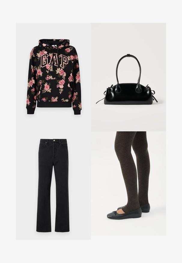 Sweat à capuche noir avec motif floral rose et beige, grandes lettres "GAP" en rose avec contour sur le devant, poche kangourou et capuche à cordon de serrage.; Jeans en denim noir avec une coupe évasée, cinq poches, une fermeture par bouton à l'avant et des détails de couture subtils. Texture douce avec peu d'usure.; Jambes portant des leggings côtelés foncés associés à des ballerines noires avec de petits détails en nœud sur fond blanc.; Petit sac à main noir brillant avec deux longues anses et des détails à cordon sur les côtés sur un fond clair uni.