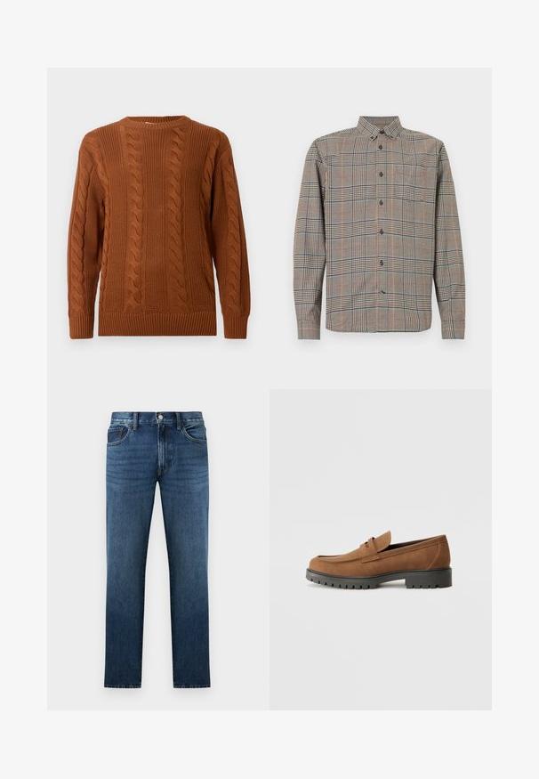 Pull en tricot marron avec des manches longues, poignets, ourlet et encolure côtelés, présenté sur un fond clair.; Chemise à manches longues avec col classique, présentant un motif à carreaux beige et noir avec des lignes subtiles rouges et bleues.; Jean en denim bleu foncé à coupe droite avec fermeture à bouton et fermeture éclair à l'avant, poches avant et arrière, présenté sur fond blanc.; Mocassins en daim marron avec un bout arrondi et une semelle noire en caoutchouc basse, présentant une sangle décorative et des détails de couture sur le dessus.