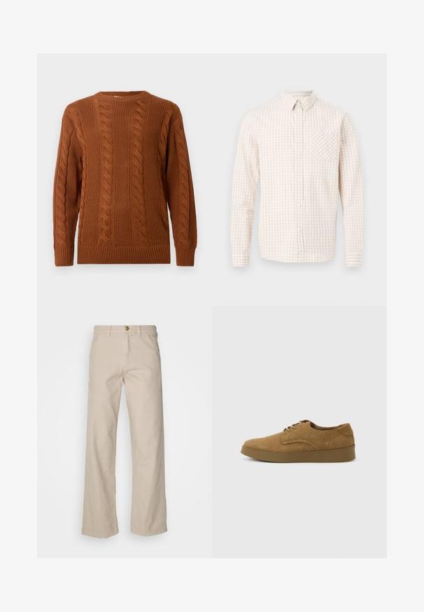 Pull en tricot marron avec des manches longues, poignets, ourlet et encolure côtelés, présenté sur un fond clair.; Chemise pour homme à manches longues avec un motif à carreaux beige et blanc, dotée d'un col pointu et d'une poche poitrine.; Pantalons larges en coton beige avec cinq poches, une fermeture à bouton et des passants de ceinture ; texture lisse avec une coupe droite et un ourlet.; Chaussure décontractée à lacets en daim marron avec semelle en caoutchouc plate, vue de côté sur un fond clair uni.