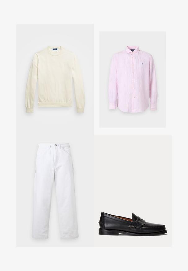Sweatshirt crème à col ras du cou en tissu doux, avec des manches longues, des poignets côtelés et une taille ajustée. Petit logo sur le devant.; Chemise à rayures roses claires et blanches, manches longues, avec col, boutons et petit logo bleu brodé sur la poitrine gauche.; Pantalon blanc taille haute à jambes droites avec passants pour ceinture, poches avant, fermeture à boutons et une poche utilitaire latérale sur un fond uni.; Mocassin en cuir noir avec un petit talon et une bride penny, vu de côté sur un fond gris clair.