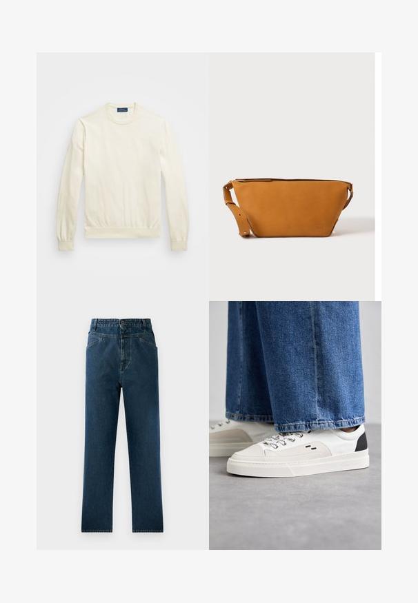 Sweatshirt crème à col ras du cou en tissu doux, avec des manches longues, des poignets côtelés et une taille ajustée. Petit logo sur le devant.; Jean droit en denim bleu foncé avec taille haute, comprenant des poches avant et une fermeture à bouton. Tissu texturé avec un léger dégradé.; Baskets blanches et noires avec une tige en cuir lisse, des accents texturés et une semelle épaisse blanche. Présentent un design classique à lacets.; Sac bandoulière en cuir marron clair avec sangle réglable et fermeture éclair, présenté sur un fond clair uni.