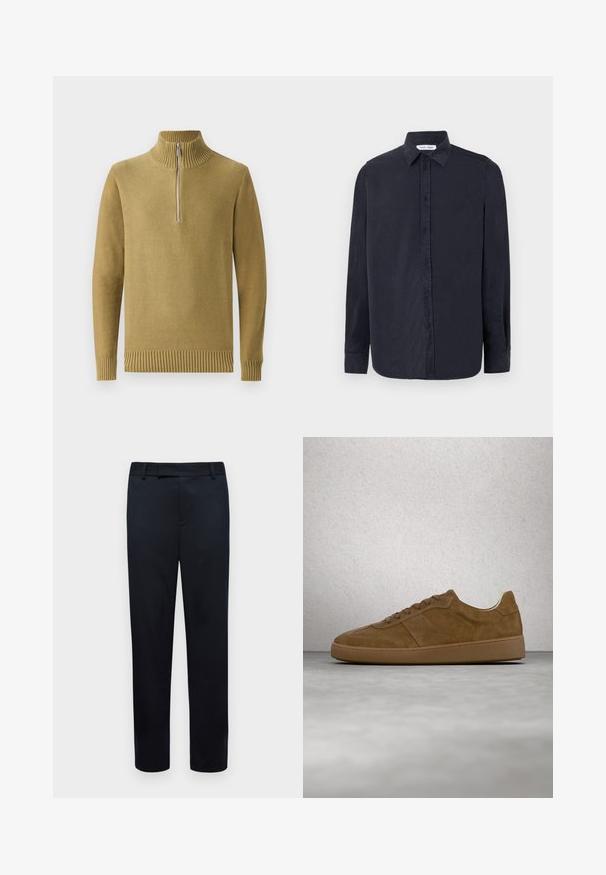 Olivgrüner Strickpullover mit hohem Rippenkragen, halbmilchigem Reißverschluss vorne und gerippten Bündchen und Saum. Glatte Textur, lässiges Design.; Samsøe Samsøe RYAN SHIRT - Hemd - salute; Schwarze Hose mit maßgeschneidertem Schnitt. Verfügt über eine glatte Textur, Gürtelschlaufen und offene Fronttaschen. Gerades Bein Design.; Brauner Veloursleder-Sneaker mit hellbraunen Schnürsenkeln und Gummisohle. Verfügt über eine abgerundete Zehenpartie und gestickte Details am Obermaterial. Leichtes Design.