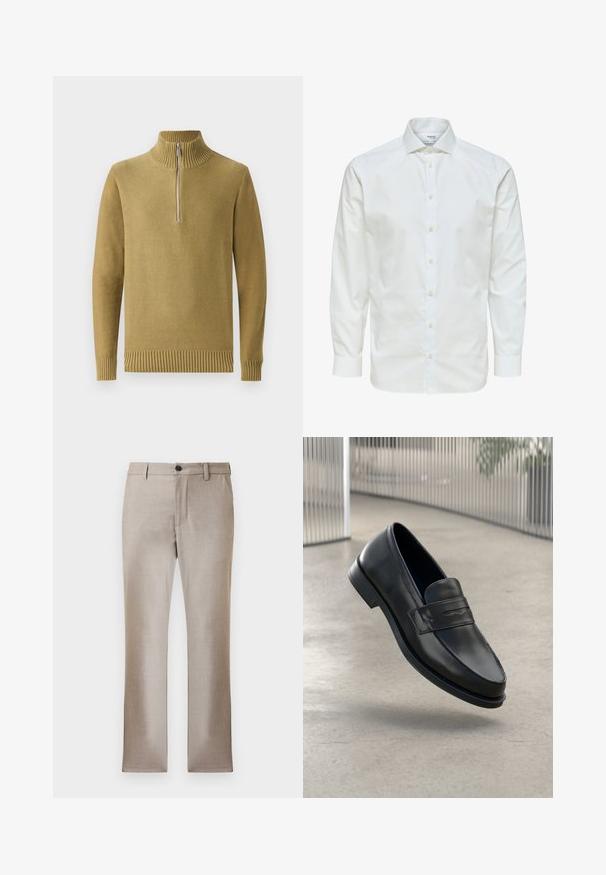Suéter de punto verde oliva con un alto collar acanalado, media cremallera en la parte delantera, y puños y dobladillo acanalados. Textura suave, diseño informal.; Camisa blanca de vestir de manga larga con botones en la parte delantera y cuello puntiagudo, mostrada sobre un fondo blanco.; Pantalones tailored beige con un tejido suave y ligero, cremallera y cierre de botón. Presentan dos bolsillos laterales y un diseño de pierna recta ajustada.; Mocasín de cuero negro con textura suave, punta puntiaguda y una correa decorativa a lo largo del empeine. Suela ligera, diseño minimalista.