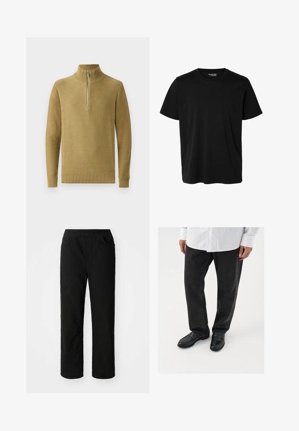 Olijfgroene gebreide trui met een hoge geribbelde kraag, een halve rits aan de voorkant en geribbelde manchetten en onderrand. Glad textuur, casual ontwerp.; Effen zwarte korte mouwen t-shirt met ronde hals in mannenmodel, zonder zichtbare patronen of logo's aan de voorkant.; Zwarte katoenen broeken met een relaxte pasvorm, een elastische tailleband, twee steekzakken en rechte pijpen. Soepele textuur zonder zichtbare patronen.; Zwarte denim broek gecombineerd met glanzende zwarte instappers. Het shirt is wit met dunne verticale strepen, heeft lange mouwen en een geknoopte kraag.