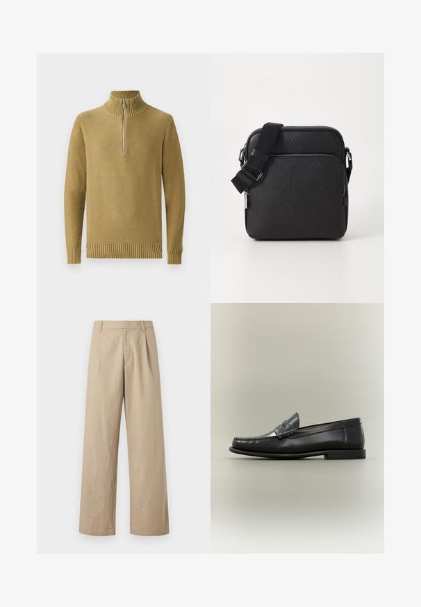 Suéter de punto verde oliva con un alto collar acanalado, media cremallera en la parte delantera, y puños y dobladillo acanalados. Textura suave, diseño informal.; Pantalones de pierna ancha color beige con trabillas para cinturón, cremallera frontal y pliegues, mostrados sobre un fondo blanco.; Mocasín de hombre de cuero negro con diseño moc-toe, tira de tipo penny y tacón bajo sobre fondo neutro.; Bolso cruzado de cuero negro con una superficie texturizada, que presenta un bolsillo con cremallera en la parte frontal, correa ajustable y acentos de hardware metálico.