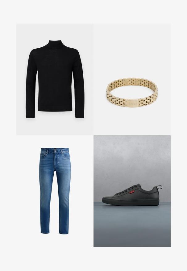 Schwarzer Rollkragenpullover aus weichem Stoff, mit langen Ärmeln und einer taillierten Silhouette, die einen kleinen runden Akzent am Hals aufweist.; Blaue Denim-Jeans mit schmaler Passform, fünf Taschen, Reißverschluss und subtilen Verwaschungen auf der Vorderseite. Glatte Textur und gerade Hosenbeine.; Schwarze Low-Top-Sneaker aus glattem Material, mit runder Zehenpartie, Schnürsenkeln, einer strukturierten Sohle und einem kleinen roten Logo.; Goldfarbenes Metallarmband mit einem Gliederdesign, das eine glatte Textur aufweist und einen Verschluss hat, der mit "BOSS" graviert ist.