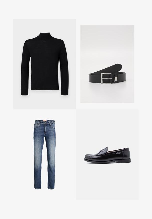 Zwarte coltrui gemaakt van zachte stof, met lange mouwen en een aansluitende silhouet met een klein rond accentdetail bij de hals.; Rechthoekige blauwe jeans met lichte vervaging op de dijen en knieën, met een sluiting met knoop en ritssluiting aan de voorkant, en een vijf-pocket ontwerp.; Zwarte leren loafers met een glanzende afwerking, voorzien van een gestikt ontwerp op de neus en een lage, zwarte rubberen zool met structuur.; Zwarte leren riem met een slanke, gladde textuur, voorzien van een zilveren metalen gesp en subtiele brandingdetails.