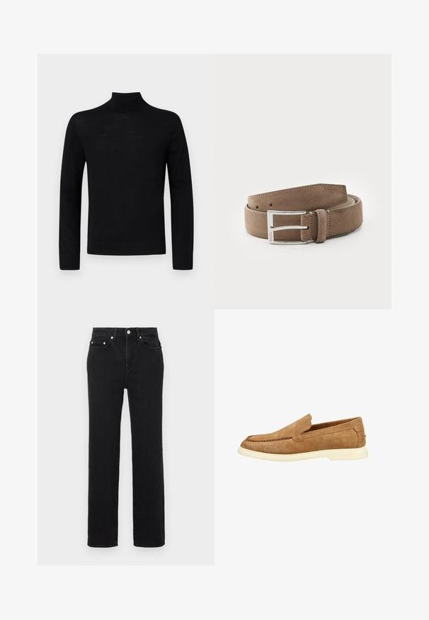 Zwarte coltrui gemaakt van zachte stof, met lange mouwen en een aansluitende silhouet met een klein rond accentdetail bij de hals.; Zwarte, hoog getailleerde jeans met rechte pijpen, voor- en achterzakken, zilveren knoopsluiting en lussen voor een riem, op een witte achtergrond.; Tan kleurige suède instapsneaker voor heren met witte rubberen zool en subtiele stikdetails langs de zijkanten en bovenkant.; Suède riem in lichtbruin met een soepele textuur en een zilveren metalen gesp. Bevat vijf gaten en gestikte randen voor duurzaamheid.