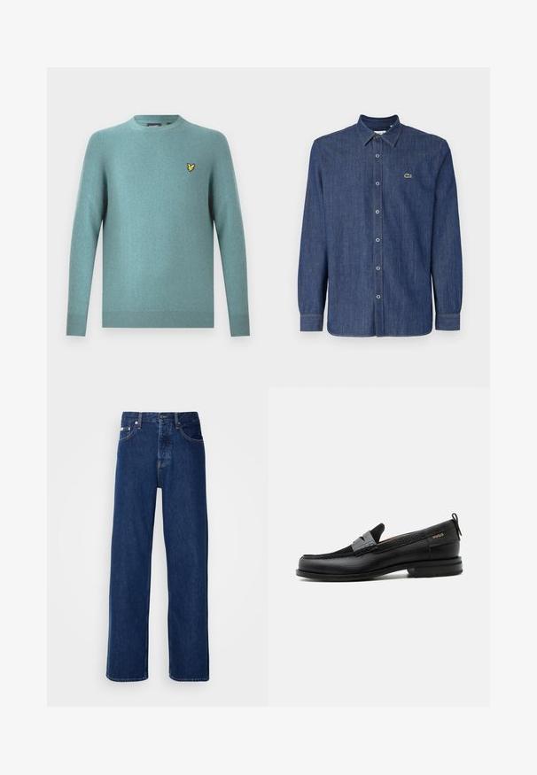 Meeskonna kaelusega kampsun pehmest türkiissinisest kangast, millel on pikad varrukad ja sooniline ääris. Rinna peal tikitud kollane logo.; Tume sinine denim pikkade varrukatega särgiga, millel on nööpidega krae, ees nööpide rida ja väike roheline logo rinnal.; Tumedat sinised teksapüksid laia säärega, millel on nupulehe ja klassikaline viie taskuga stiil. Kangas on sileda tekstuuriga.; Must nahast loafer halli rihma detailiga, madala kand ja tekstuurse tallaga, külgedel kuldse "HUGO" brändiga.
