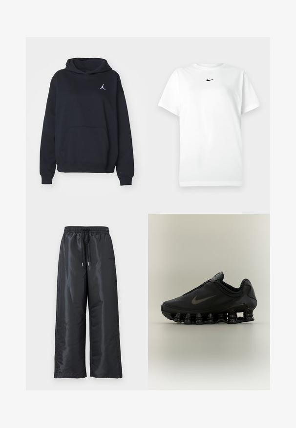 Must lõpptoogiga dressipluus pehmest kangast, esiküljel on tasku ja rinnal väike valge Jordan logo.; Valge lühikeste varrukatega T-särk ümmarguse kaelusega, millel on väikene must Nike'i logoga silt kaeluse all.; Mustad, laiad püksid, mis on valmistatud läikivast ja siledast kangast. Omavad elastset vöökohta ja nööriga ning küljetaskuid.; Must Nike tennisejalats lukuga pealisega ja iseloomuliku kevadise jaotusega tallaga, nähtud küljelt neutraalsel taustal.