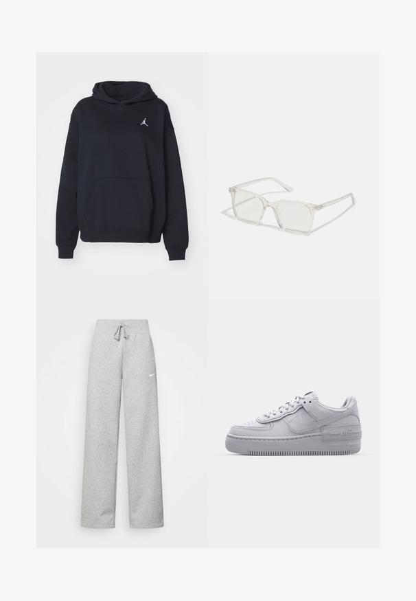 Sweatshirt à capuche noir en tissu doux, avec une poche kangourou à l'avant et un petit logo Jordan blanc sur la poitrine.; Pantalon de survêtement gris avec une taille élastique, un détail de cordon de serrage et un petit logo Nike blanc sur la cuisse gauche. Tissu doux, coupe ample.; Basket en cuir lisse gris Nike Air Force 1 avec un bout perforé, une semelle épaisse et un détail 'AIR' en relief sur le talon.; Lunettes carrées en plastique transparent avec des verres translucides, dotées d'accents dorés sur les branches pour plus de détails.