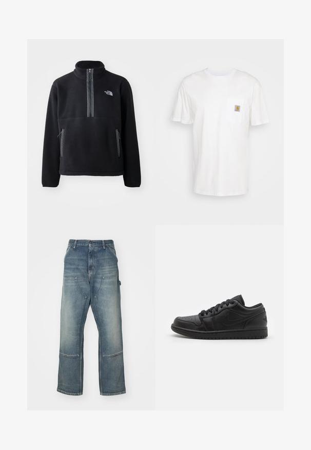 Pull en polaire noir à col montant et demi-zip, doté d'une poche poitrine et de deux poches latérales. Le design comprend un détail de fermeture éclair contrastant.; T-shirt en coton blanc à manches courtes, avec une poche poitrine et un petit patch logo carré en orange et blanc sur la poche.; Jean bleu clair à la coupe décontractée, fabriqué en denim. Comprend des jambes larges, de grandes poches avant et des détails de surpiqûres en contraste.; Baskets basses en cuir noir avec embout perforé, lacets plats, col rembourré et semelle texturée. Dotées d'un logo discret à l'arrière.