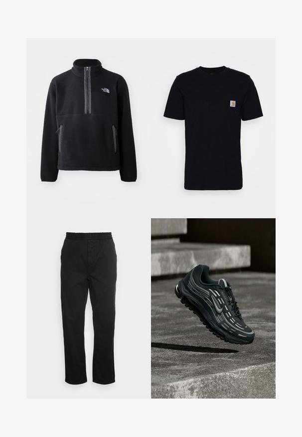 Zwarte fleece half-zip pullover met hoge kraag, voorzien van een borstzak en twee zijzakken. Het ontwerp heeft een contrasterende ritsdetail.; Zwarte katoenen t-shirt met korte mouwen, ronde hals en een borstzak met een klein, vierkant logo patch. Eenvoudig, stevig ontwerp.; Zwarte katoenen broeken met een elastische tailleband, rechte pijpen en zijzakken. Zachte textuur zonder patronen of accenten.; Zwarte en grijze Nike Air Max sneaker zwevend boven grijze betonnen trappen met een gestructureerde achtergrond van de grond.