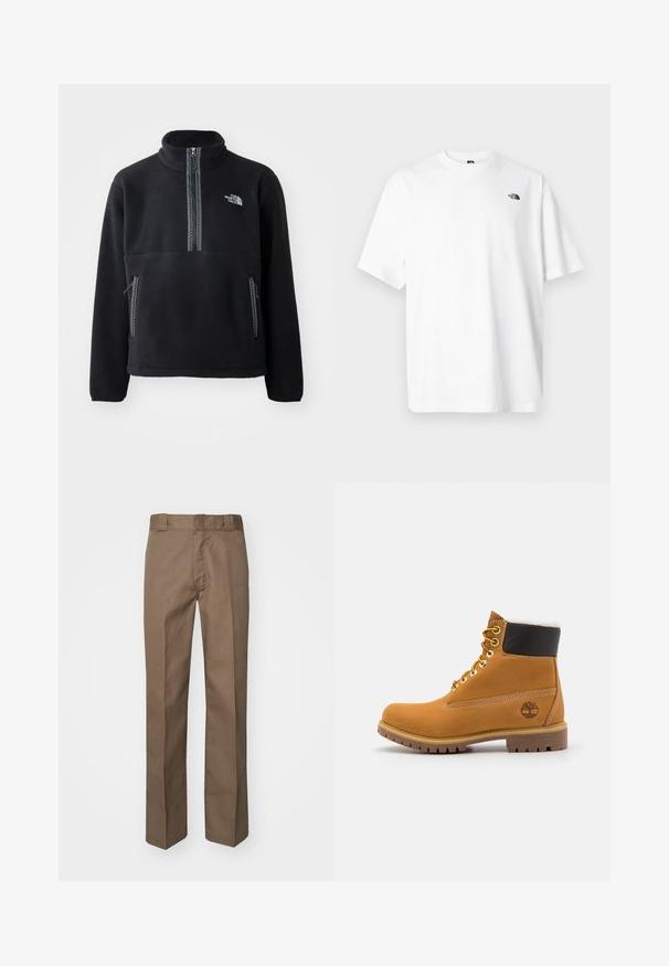 Pull en polaire noir à col montant et demi-zip, doté d'une poche poitrine et de deux poches latérales. Le design comprend un détail de fermeture éclair contrastant.; T-shirt en coton blanc à manches courtes, col en V, avec un petit logo noir sur le côté supérieur gauche. Texture douce, coupe décontractée.; Pantalon marron à design plat sur le devant, jambes droites et taille classique. Fabriqué en tissu durable, sans motifs ni ornements visibles.; Bottine en cuir brun avec œillets en métal, doublure en fourrure blanche, col rembourré noir, semelle robuste et logo en relief sur le côté.