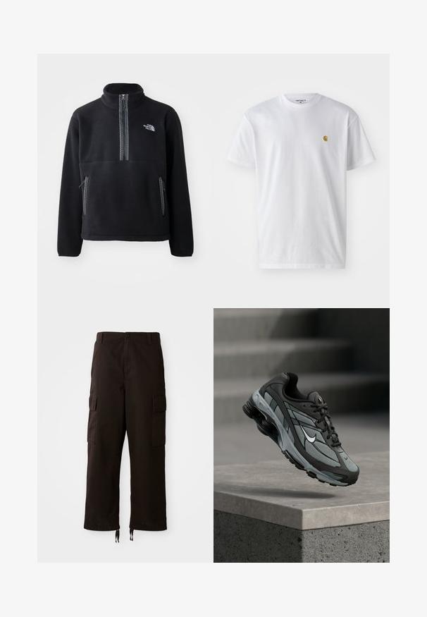 Pull en polaire noir à col montant et demi-zip, doté d'une poche poitrine et de deux poches latérales. Le design comprend un détail de fermeture éclair contrastant.; T-shirt en coton blanc à manches courtes, col rond, avec un petit logo doré sur la poitrine gauche. Texture douce et coupe régulière.; Pantalons cargo noirs avec une coupe relaxée, dotés de deux poches latérales, d'une fermeture à bouton et de cordons de serrage réglables à l'ourlet.; Baskets athlétiques grises et noires avec panneaux en mesh et semelle épaisse, positionnées en plein air au-dessus d'un rebord en béton avec des escaliers en arrière-plan.