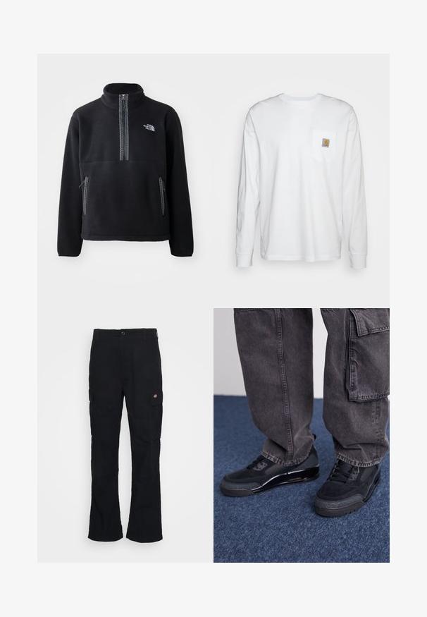 Pull en polaire noir à col montant et demi-zip, doté d'une poche poitrine et de deux poches latérales. Le design comprend un détail de fermeture éclair contrastant.; Chemise blanche à manches longues en coton, dotée d'une poche poitrine avec un patch logo carré. Design simple avec un col arrondi et des manches à poignets.; Pantalons cargo noirs avec une coupe droite, fabriqués en tissu durable, dotés de poches latérales et d'un logo en patch sur le côté gauche.; Des chaussures de sport noires avec une surface texturée, des accents lisses et une semelle épaisse, accompagnées de pantalons cargo larges et foncés.