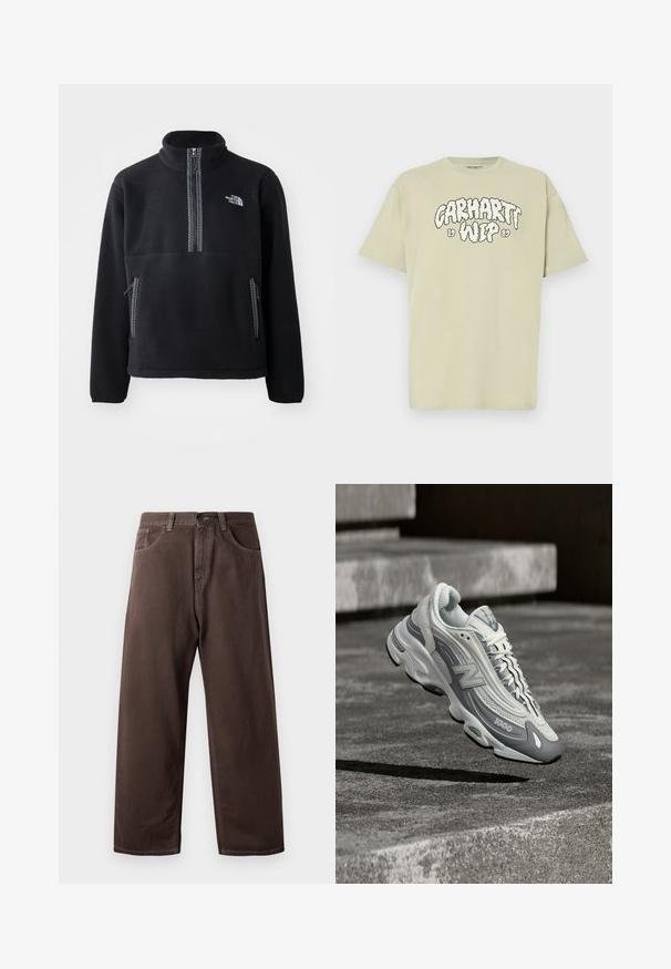 Zwarte fleece half-zip pullover met hoge kraag, voorzien van een borstzak en twee zijzakken. Het ontwerp heeft een contrasterende ritsdetail.; Lichtgroen katoenen T-shirt met oversized pasvorm, voorzien van een zwarte, wolkenachtige print met "Carhartt WIP 1989" op de voorkant. Korte mouwen, ronde hals.; Bruine wijde broek van katoen, met een klassiek vijf-pocketdesign, een ritsgulp en zichtbare stikseldetails.; Witte en grijze New Balance 1000 sneaker zwevend boven een betonnen oppervlak met trappen op de achtergrond.