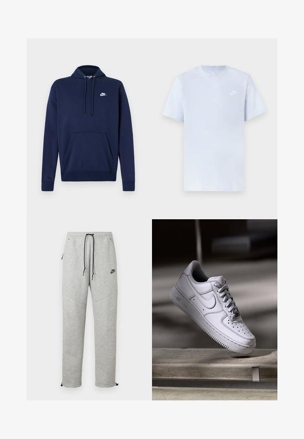 Sudadera azul marino con capucha, hecha de mezcla de algodón, con un bolsillo frontal y un logo blanco bordado en el pecho izquierdo. Capucha con cordones.; Camiseta de algodón de color azul claro con mangas cortas, cuello redondo y un logo blanco de Nike impreso en el pecho izquierdo. Textura suave, diseño sencillo.; Pantalones de chándal Nike grises con cintura ajustable por cordón, bolsillos laterales y puños elásticos. Presentan una textura suave y un detalle del logo negro en contraste.; Zapatilla Nike Air Force 1 de cuero blanco que presenta una puntera perforada, cordones planos y una suela de goma texturizada con la marca "AIR" en el lateral.