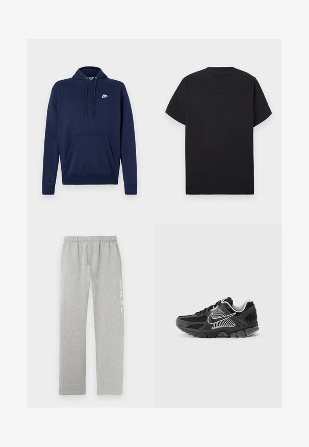 Sudadera azul marino con capucha, hecha de mezcla de algodón, con un bolsillo frontal y un logo blanco bordado en el pecho izquierdo. Capucha con cordones.; Camiseta negra de manga corta Nike con cuello redondo y pequeño logotipo negro de Nike centrado en el pecho.; Pantalones deportivos grises hechos de un material suave con una cintura elástica. Presentan un texto blanco "JUST DO IT" y el logo de Nike swoosh en una pierna.; Zapatilla deportiva negra con paneles de malla y detalles sintéticos. Presenta una punta redondeada, suela gruesa acolchada y detalles de logo en blanco que contrastan.