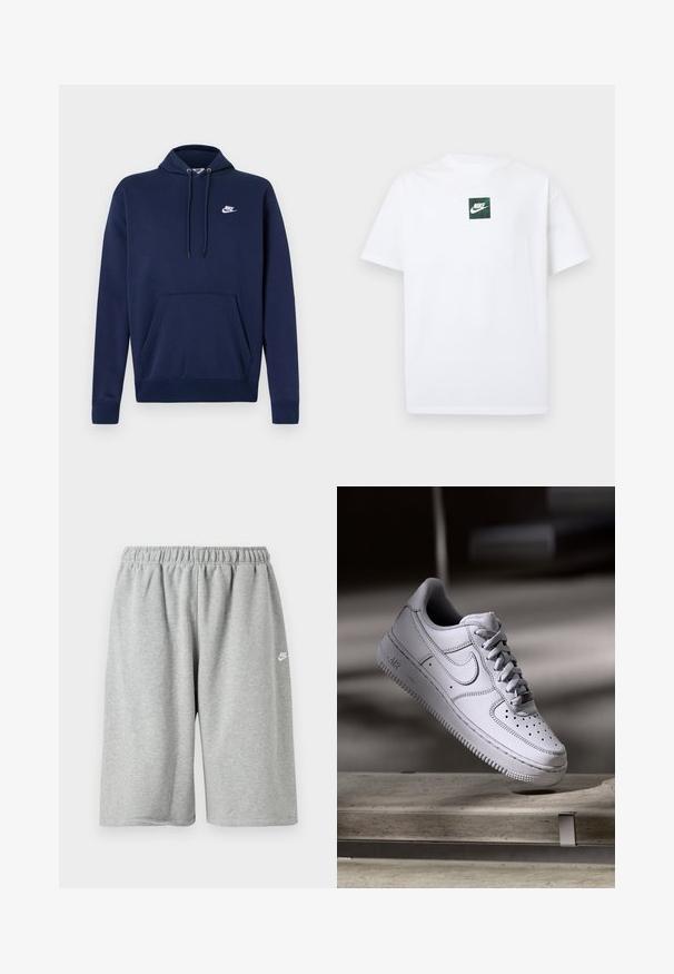 Tumesinine kapuutsiga dressipluus, valmistatud puuvillasegust, esiküljel tasku ja vasakul rinnal valge tikitud logoga. Kapuuts nööriga.; Valge lühikeste varrukatega Nike T-särk, millel on väike roheline ruutlogo, kus on Nike swoosh ja tekst, mis asub rinnal keskel.; Hallid puuvillased püksid elastse vöökoha ja lahtise lõikega, väike valge logo ääre lähedal. Sile tekstuur, pikkus üle põlve.; Valge nahast Nike Air Force 1 tennisejalanõu, millel on perforatsiooniga varvas, lamedad paelad ja tekstureeritud kummist tallaga, millel on küljele märgitud "AIR".