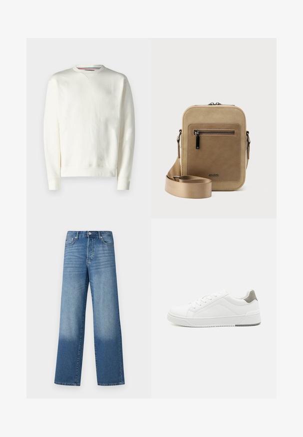 Witte sweatshirt met een ronde hals, geribde manchetten en een subtiele logodetail. Zacht materiaal met een gladde textuur en een minimaal ontwerp.; Blauwe high-waisted straight-leg jeans met vervagingen op de dijen en donkerdere schaduwen nabij de zoom, met zichtbare knoop en zakken aan de voorkant.; Witte sneaker van glad leer met een ronde neus, minimalistisch ontwerp, grijze hielaccent en een geplaatste rubberen zool.; Kleine beige crossbodytas met een voorvak met ritssluiting, metalen ALDO-logo, verstelbare brede band en afgeronde rechthoekige vorm op een witte achtergrond.
