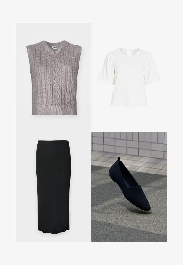 Ærmeløs grå kabelstrikket sweater med V-hals, der har teksturerede mønstre, ribbet kant og et mærke med teksten "WEEKDAY" ved halsudskæringen.; Hvid bluse med tekstureret stof, rund halsudskæring, korte pufærmer og en lille nøglehulsknaplukning bagpå.; Sort ribstrikket midi blyantskørt med elastik i taljen og let bølget kant.; Sorte flade sko med spids tå, glat tekstur og minimalistisk design. Har en lille hæl og en løkke ved ryggen.