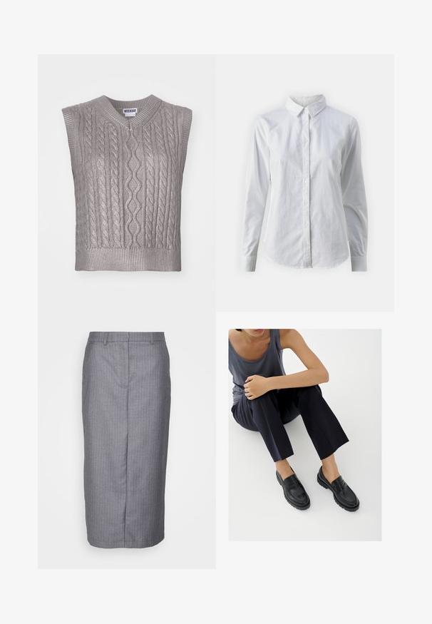 Ærmeløs grå kabelstrikket sweater med V-hals, der har teksturerede mønstre, ribbet kant og et mærke med teksten "WEEKDAY" ved halsudskæringen.; Hvid skjorte med knapper lavet af glat bomuld, der har en klassisk krave, lange ærmer og en buet kant. Knapperne er små og hvide.; ONLY ONLNANCY LONG SKIRT - Pencil skirt - medium grey/white; Sorte læderloafers med teksturerede detaljer, lav hæl, rund tå og synlige syninger. Modellen bærer mørke bukser og en grå top.