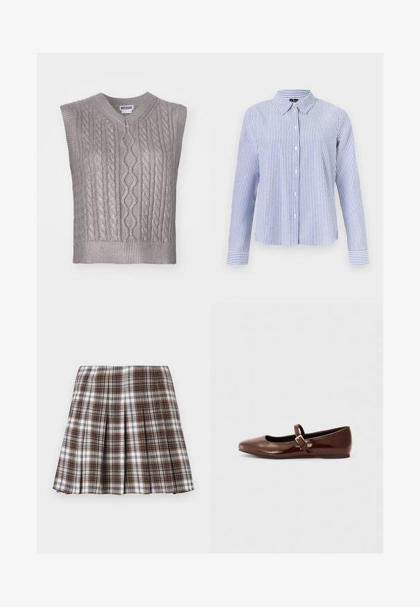 Pull en tricot gris sans manches avec un col en V, présentant des motifs texturés, un ourlet côtelé et une étiquette portant la mention "WEEKDAY" au niveau du col.; Chemise à manches longues boutonnée, avec des rayures verticales blanches et bleu clair et un col pointu, présentée sur un fond uni.; Jupe plissée à carreaux bruns et blancs avec un design structuré et une texture nette, présentant une taille haute et de multiples plis verticaux.; Ballerine en cuir verni marron avec un bout carré et une lanière ornée d'une petite boucle dorée. Texture lisse, talon bas et design minimaliste.