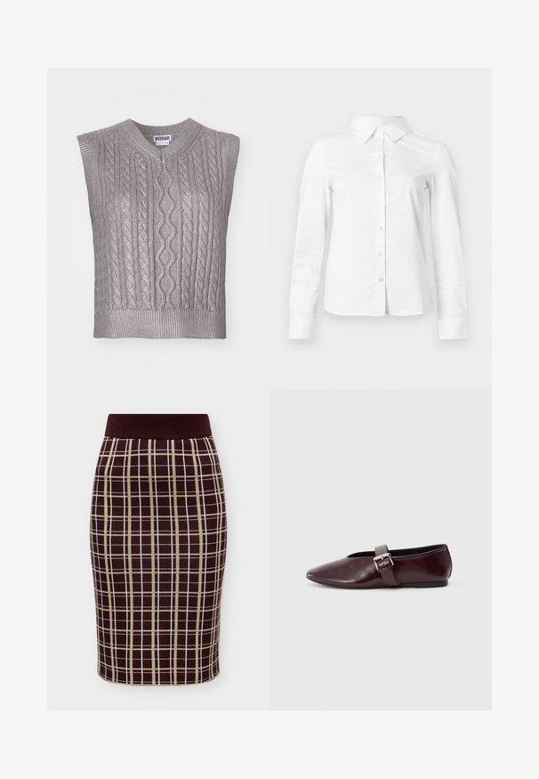 Pull en tricot gris sans manches avec un col en V, présentant des motifs texturés, un ourlet côtelé et une étiquette portant la mention "WEEKDAY" au niveau du col.; Chemise blanche à manches longues avec boutons, col pointu, ourlet droit et silhouette ajustée, présentée sur un fond clair uni.; Jupe crayon à carreaux marron et beige avec une coupe ajustée et une ceinture marron foncé unie sur fond blanc.; Ballerines en cuir bordeaux avec un bout pointu, une semelle plate et une sangle décorative avec boucle sur le cou-de-pied. Texture lisse et brillante.