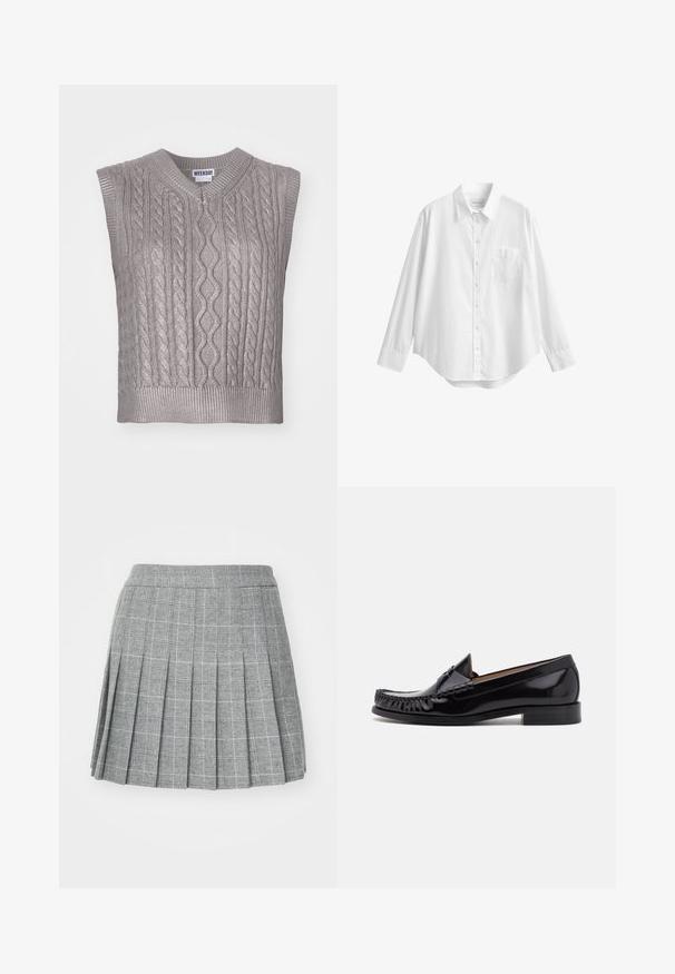 Pull en tricot gris sans manches avec un col en V, présentant des motifs texturés, un ourlet côtelé et une étiquette portant la mention "WEEKDAY" au niveau du col.; Chemise blanche à manches longues boutonnée avec col et poche poitrine avant, présentée sur un fond blanc uni.; Jupe plissée en tissu gris à motif à carreaux. Elle présente une ceinture cintrée et plusieurs plis verticaux pour un look structuré.; Mocassin en cuir noir avec une finition brillante, présentant des franges à l'avant et un petit talon empilé.