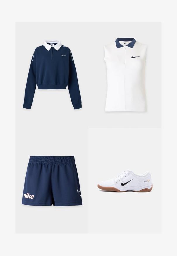 Μπλε ναυτικό, μακρυμάνικο cropped sweatshirt με λευκό γιακά, μικρό λευκό λογότυπο Nike swoosh στο αριστερό στήθος και λευκή ρίγα στους ώμους.; Λεπτομερές λευκό πόλο χωρίς μανίκια, με σκούρο μπλε γιακά και μικρό σκούρο μπλε λογότυπο Nike Swoosh στο αριστερό στήθος.; Μπλε ναυτικό αθλητικό σορτς Nike με ελαστική μέση και λευκό λογότυπο Nike στο αριστερό πόδι, σε λευκό φόντο.; Άσπρο παπούτσι ποδοσφαίρου Nike Total 90 III για εσωτερικούς χώρους με μαύρο λογότυπο Swoosh και καφέ σόλα, εμφανιζόμενο από το πλάι σε απλό φόντο.