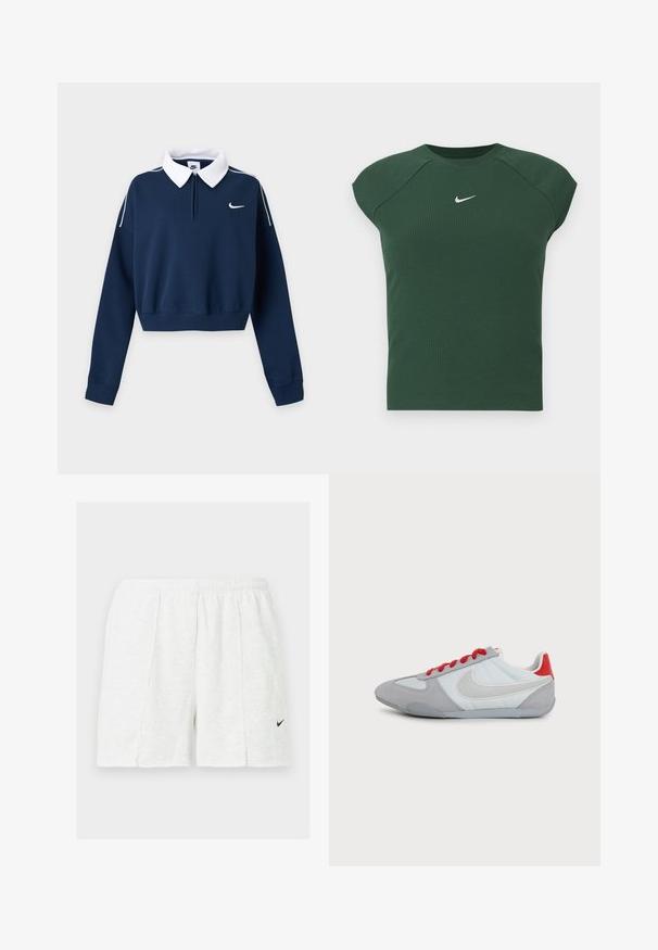 Μπλε ναυτικό, μακρυμάνικο cropped sweatshirt με λευκό γιακά, μικρό λευκό λογότυπο Nike swoosh στο αριστερό στήθος και λευκή ρίγα στους ώμους.; Σκούρο πράσινο ριγέ αθλητικό τοπ κοντού μανικιού με στρογγυλή λαιμόκοψη, που διαθέτει ένα μικρό λευκό λογότυπο Nike με σχήμα σwoosh στο στήθος.; Λευκό αθλητικό σόρτς με ελαστική μέση και μαύρο λογότυπο Nike swoosh στο αριστερό πόδι, εμφανίζεται σε απλό φόντο.; Χαμηλού προφίλ γκρι και λευκό Nike sneaker με κόκκινα κορδόνια και ταμπελάκι στη φτέρνα, εμφανίζεται από την πλάγια πλευρά σε λευκό φόντο.
