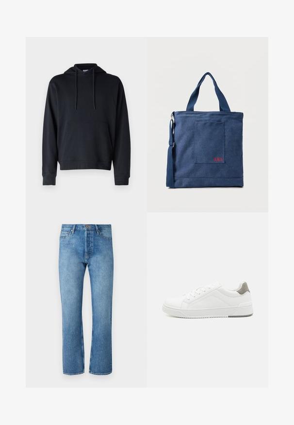 Sort hoodie lavet af en blanding af bomuldsstoffer, med en kengurulomme, justerbare snore og ribmekanter ved håndleddene og kanten. Simpelt design.; Lyseblå denim jeans med lige ben, der har et klassisk fem-lomme design, knaplukning og kontrastsying.; Hvid sneaker lavet af glat læder, rund tå, minimalistisk design, grå hælafsats og tekstureret gummisål.; Blå lærredstote taske med frontlomme og rød "O.N.S" broderi, med to håndtag og en justerbar skulderrem.