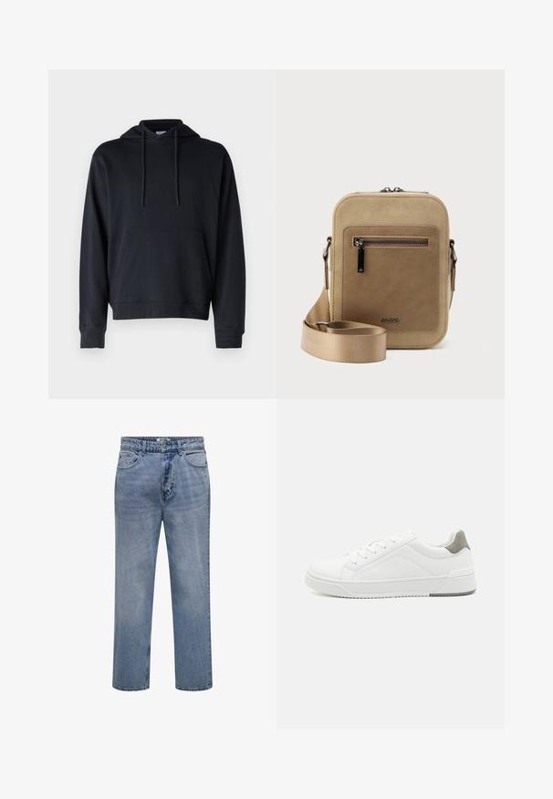 Schwarzer Hoodie aus einer Baumwollmischung, ausgestattet mit einer Kängurutasche, verstellbaren Kordeln sowie gerippten Bündchen und Saum. Einfaches Design.; Hellblaue Jeans mit geradem Bein, Knopf- und Reißverschluss sowie vorderen und hinteren Taschen.; Weißer Sneaker aus glattem Leder, runde Zehenpartie, minimalistisches Design, graue Fersenkante und strukturierte Gummisohle.; Kleine beige Umhängetasche mit vorderer Reißverschlusstasche, metallischem ALDO-Logo, verstellbarem breitem Riemen und abgerundeter rechteckiger Form vor weißem Hintergrund.