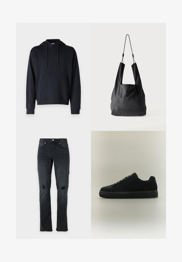 Sort hoodie lavet af en blanding af bomuldsstoffer, med en kengurulomme, justerbare snore og ribmekanter ved håndleddene og kanten. Simpelt design.; Sorte denimjeans med slim fit, diskrete slidmærker, to knærevner og traditionel fem-lomme stil med knaplukning.; Sort lavtopet sneaker med snørebånd, gummisål og glat finish, vist i sideprofil på en neutral baggrund.; Sort blød stofnettaske med brede håndtag og en tynd sort-hvid flettet skulderrem.