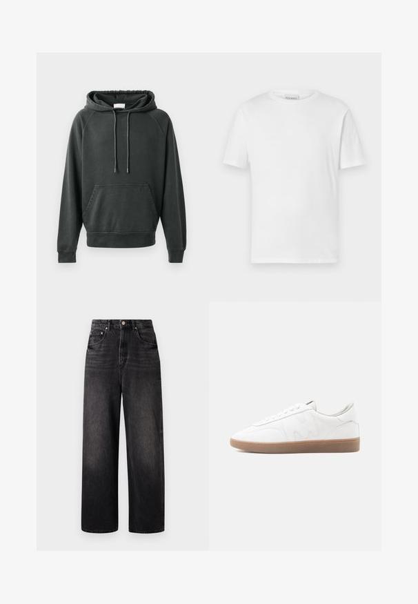 CLOSED Sweat à capuche - black; T-shirt blanc à manches courtes en coton. Présente un col rond et un ourlet droit. Sans motifs ni embellissements. Design simple.; Jeans en denim noir avec une coupe ample, taille haute, cinq poches et une fermeture à bouton visible. Présente un délavage subtil et une coupe droite.; Baskets basses blanches avec semelle en caoutchouc gomme, superpositions cousues et fermeture à lacets sur fond neutre.