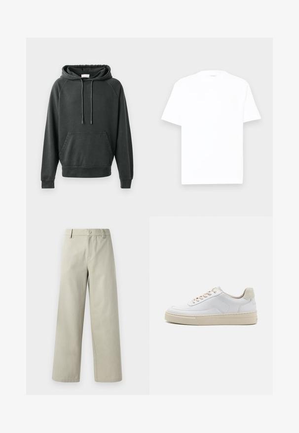 CLOSED Hoodie - black; Witte katoenen t-shirt met een ronde hals, korte mouwen en een relaxte pasvorm. Gladde textuur, minimale details en geen patronen of graphics.; Han Kjøbenhavn WIDE LEG - Broek - light grey; Witte sneaker met een gevoerd leren bovenwerk, beige veters en een gestructureerde beige suede hieltab. Verhoogde zool voor extra hoogte.
