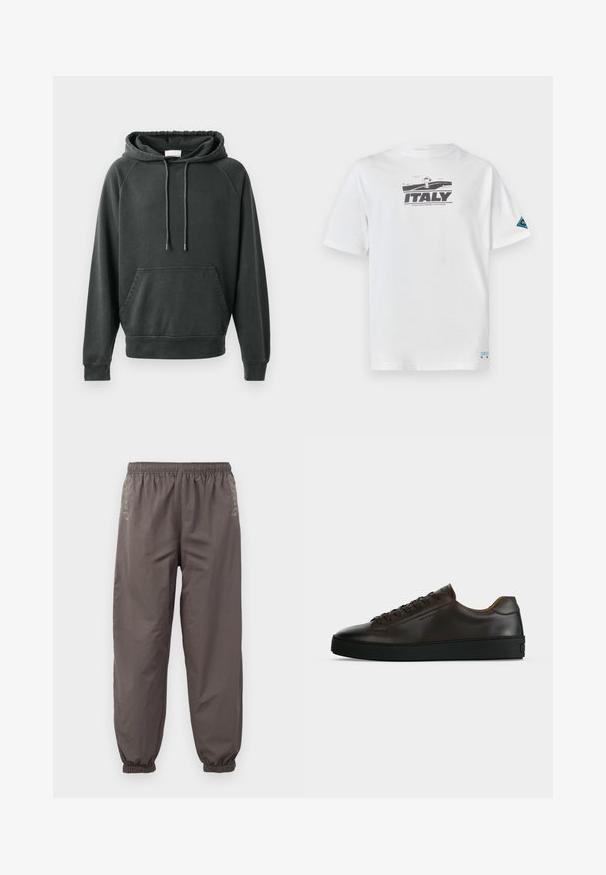 CLOSED Hoodie - black; Iceberg T-shirt print - bianco ottico; Donkergrijze, elastische broek met een relaxte pasvorm. Voorzien van gathered boorden en subtiele borduursels aan de zijkanten. Lichtgewicht stof.; Low-profile donkerbruine leren sneaker met zwarte rubberen zool, veters aan de voorkant en een strak minimalistisch design op een lichte achtergrond.