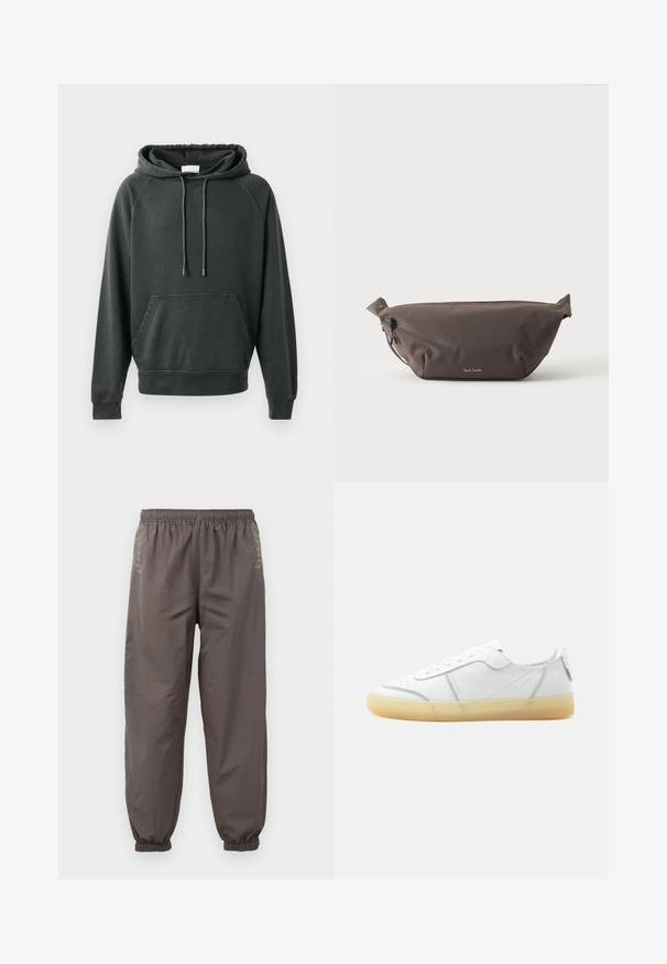 CLOSED Sweat à capuche - black; Pantalons gris foncé à taille élastique avec une coupe décontractée. Présentent des poignets froncés et une broderie subtile sur les côtés. Tissu léger.; Baskets basses en cuir blanc avec semelle beige translucide, lacets à l’avant et détails de couture minimalistes, vues de côté sur un fond uni.; Sac banane en tissu marron foncé avec poche zippée en diagonale et petit logo blanc sur le devant, sur un fond clair uni.