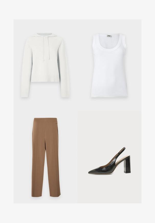 Sweatshirt à capuche blanche avec manches longues, poignets et ourlet côtelés, tissu texturé, cordons de serrage au niveau du col, et un design court.; Débardeur blanc côtelé sans manches avec encolure dégagée et étiquette de marque au dos du col, présenté sur un fond blanc uni.; Pantalon marron ajusté avec une texture lisse, doté d'une taille haute, de jambes droites et de coutures frontales discrètes pour plus de détails.; Chaussure slingback en cuir noir à bout pointu avec un talon bloc haut et une doublure intérieure beige sur un fond clair uni.