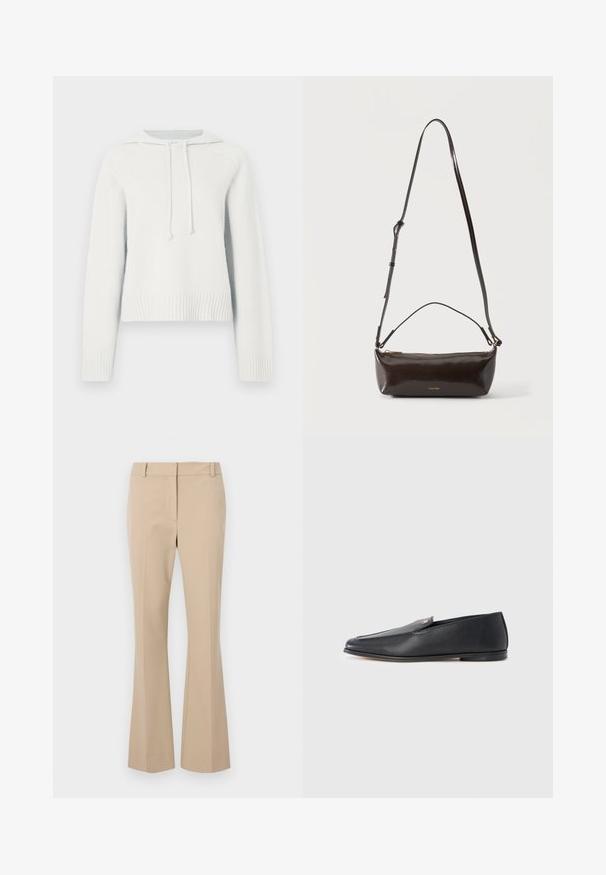 Witte hoodie met lange mouwen, ribgebreide manchetten en zoom, gestructureerde stof, trekkoorden bij de hals en een cropped ontwerp.; Beige op maat gemaakte broek met een rechte pasvorm, voorzien van een platte voorkant, riemlussen en een gladde textuur. Geen zichtbare zakken of patronen.; Zwarte leren loafers met een gladde textuur, een afgeronde neus en subtiele stiksel details. Voorzien van een gouden logomerk aan de bovenzijde.; Kleine glanzende donkerbruine leren schoudertas met verstelbare riem, bovenhandvat en gouden ritssluiting.