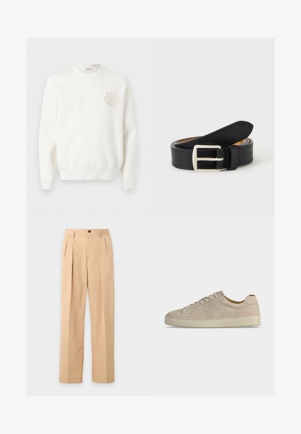 Sweat-shirt blanc à manches longues avec col rond et une application florale circulaire texturée sur la poitrine gauche.; Pantalon beige plissé avec fermeture bouton et zip, passants de ceinture et jambes droites larges.; Baskets basses beiges en daim avec fermeture lacée et semelle épaisse en caoutchouc, vues de profil sur fond blanc uni.; Ceinture en cuir noir roulée avec une boucle en métal argenté rectangulaire visible sur un fond clair uni.