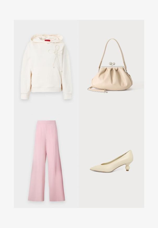 Haut à capuche couleur crème avec poche avant et détail de nœud en corde décoratif sur la poitrine, comportant une étiquette de marque rouge à l'intérieur du col.; Pantalons larges en tissu rose clair, avec une texture lisse, une taille haute et sans motifs ni accents visibles.; Chaussure femme couleur crème à bout pointu avec un petit talon rond en forme de boule, sur fond uni.; Sac à main en cuir souple beige avec un fermoir en métal argenté, une bandoulière simple et une bandoulière chaîne optionnelle sur fond blanc.