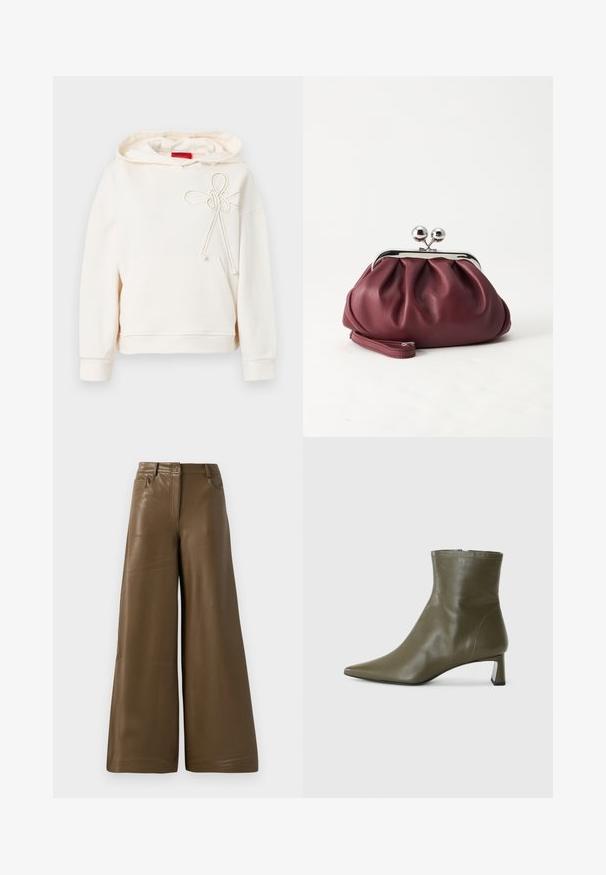 Haut à capuche couleur crème avec poche avant et détail de nœud en corde décoratif sur la poitrine, comportant une étiquette de marque rouge à l'intérieur du col.; Pantalons à jambes larges en simili cuir marron lisse. Présentent une taille haute, quatre poches et une fermeture éclair sur le devant. Texture plate et design minimaliste.; Bottine en cuir vert olive avec un bout pointu et un talon carré de 4 cm ; texture lisse et design minimaliste avec une fermeture à glissière.; Petit sac pochette en cuir bordeaux avec fermoir métallique argenté et bracelet sur fond blanc.