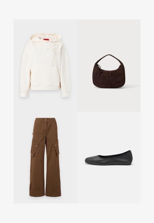 Haut à capuche couleur crème avec poche avant et détail de nœud en corde décoratif sur la poitrine, comportant une étiquette de marque rouge à l'intérieur du col.; Weekend Max Mara LUCY HALE ELVY - Pantalon cargo - marrone; Ballerines en cuir noir avec un bout rond, texture lisse, détails de couture minimalistes et design de semelle flexible.; Sac à main en daim marron foncé avec une courte sangle et une forme rectangulaire arrondie sur un fond uni clair.