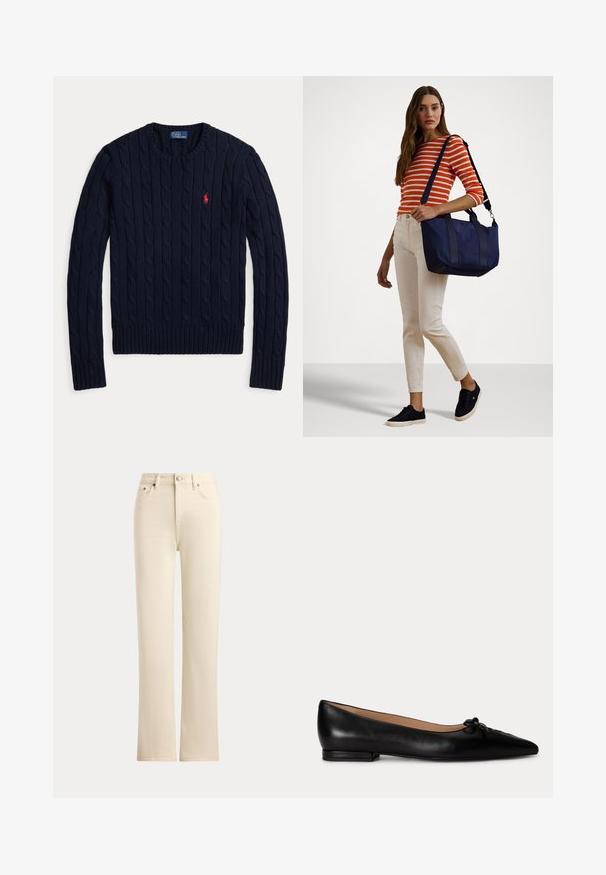 Pull bleu marine en maille torsadée à manches longues, col rond et logo rouge Polo Ralph Lauren sur la poitrine côté gauche.; Jean droit couleur crème avec fermeture par boutons à l'avant et style cinq poches sur un fond uni.; Chaussure plate en cuir noir avec bout pointu et petit nœud décoratif sur le dessus, talon bas et doublure intérieure beige.; Sac fourre-tout marine avec des poignées supérieures doubles et une bandoulière réglable, arborant des rayures grises en accent. Le tissu semble résistant et structuré.