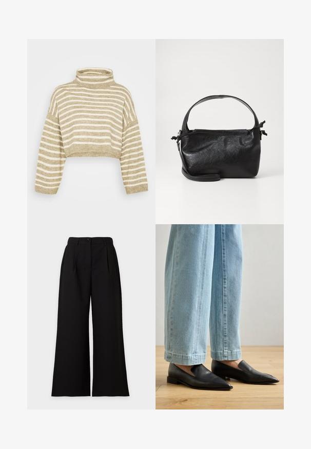 ONLY Petite ONLTALIO STRIPE SHORT ROLLNECK - Pullover - weathered teak/birch melange; Pantalon noir taille haute à jambes larges avec fermeture devant par bouton et zip, poches latérales et plis subtils à la taille.; Chaussures en cuir noir à bout pointu et à enfilage, associées à un jean large bleu clair, sur un sol en bois.; Sac à main en cuir noir au design structuré, avec une poignée arrondie et une bandoulière amovible. Présente une texture lisse et un éclat subtil.