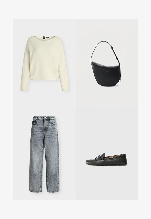 Pull à manches longues de couleur crème avec une coupe ample et un col rond, présenté sur un fond uni gris clair.; Jean taille haute à jambes droites en denim gris délavé avec poches avant, passants de ceinture et fermeture par bouton.; Bateau en cuir noir avec un bout arrondi, des détails de couture, un petit accent en nœud et une semelle en caoutchouc. Texture lisse et design épuré.; Sac à bandoulière en cuir noir en forme de demi-lune avec une bandoulière réglable et le logo doré « BOSS » centré sur le devant.